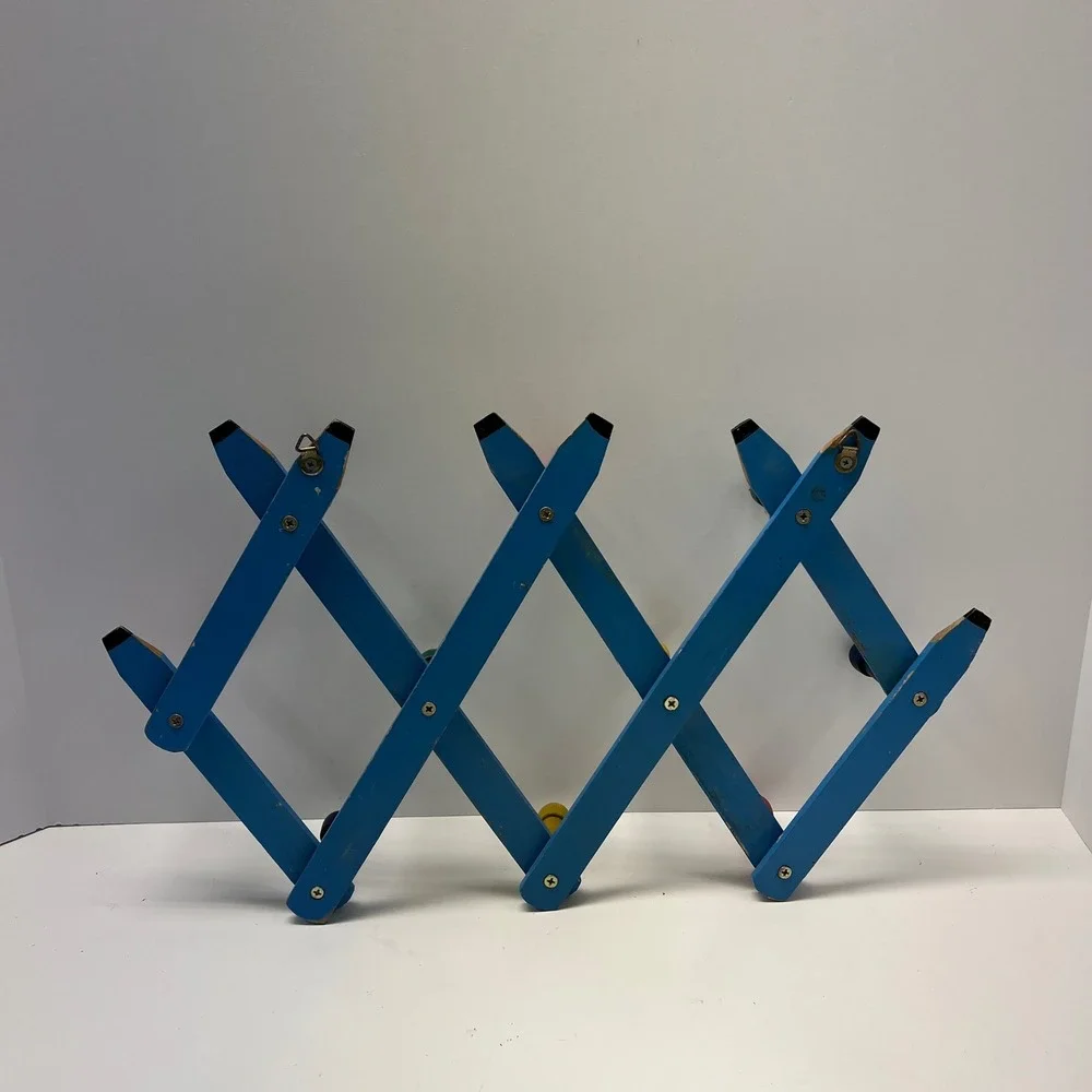 Vintage Pencil‎ Accordion Wall Rack Kids Nursery Blue Wooden Folding Peg Rail